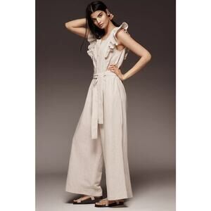 NWT By Anthropologie Linen Blend Ruffle Jumpsuit $228 SMALL Neutral PINSTRIPE